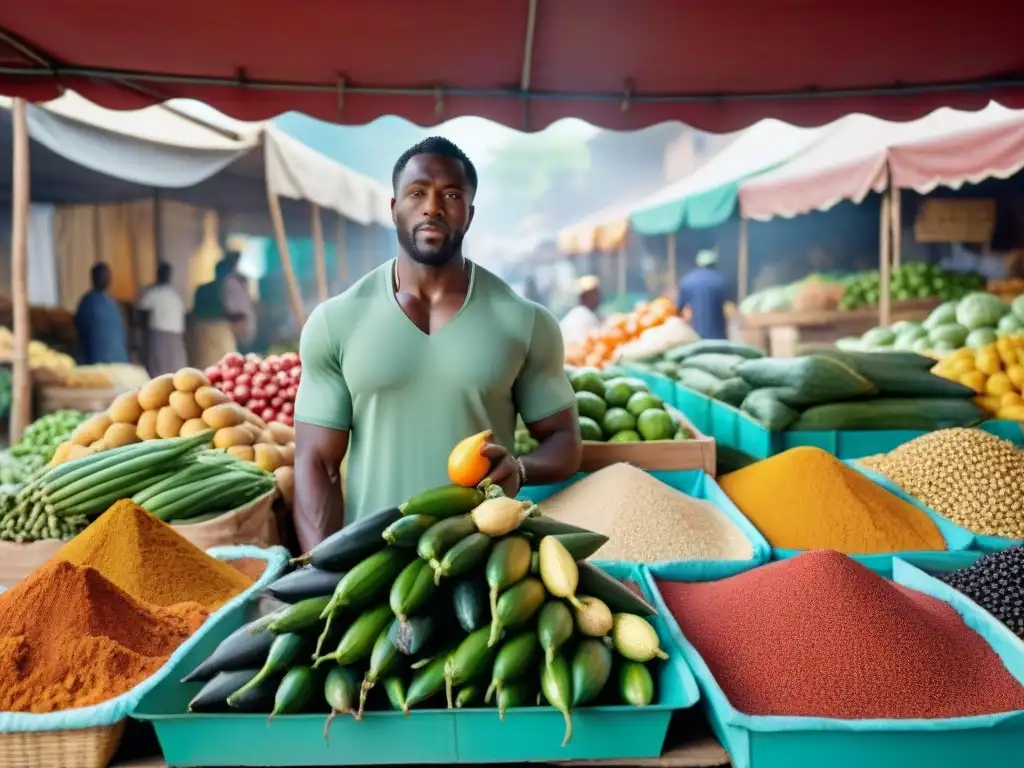 Un mercado bullicioso con vendedores de frutas, verduras y especias de todo el mundo