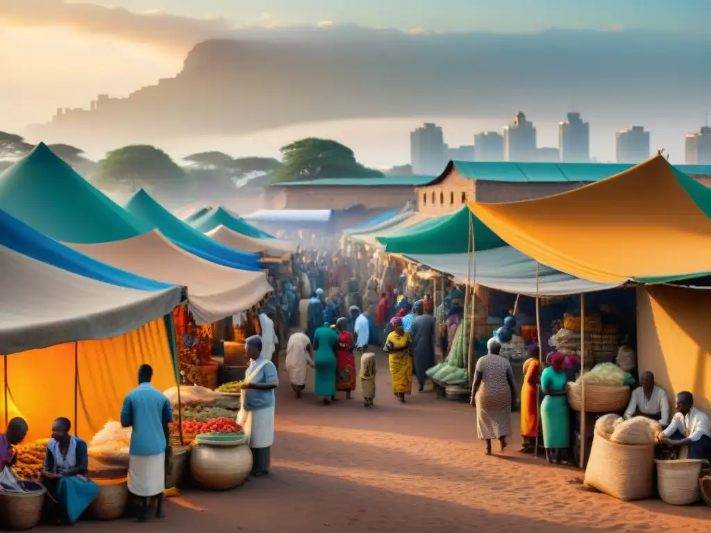 Un mercado bullicioso en una vibrante ciudad africana, donde se mezcla lo tradicional con lo moderno