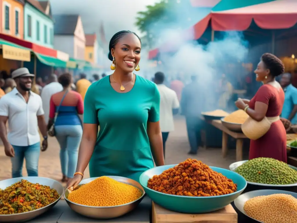 Un mercado bullicioso y vibrante de cocina afrodescendiente en una plaza