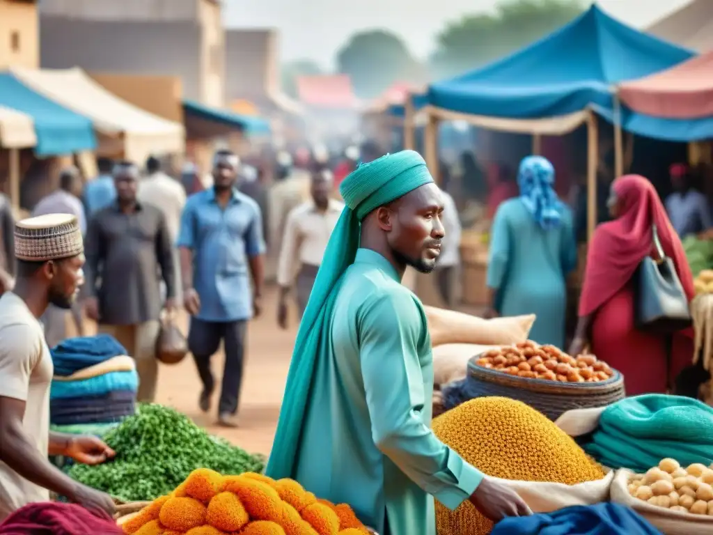 Un mercado bullicioso en África muestra la vibrante cultura Hausa con coloridas telas y artesanías