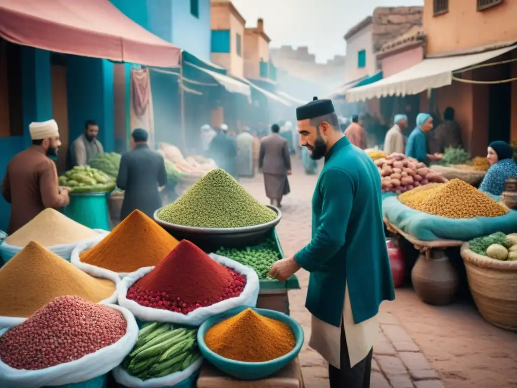 Mercado bullicioso en Marruecos con vibrantes colores y variedad de especias y verduras