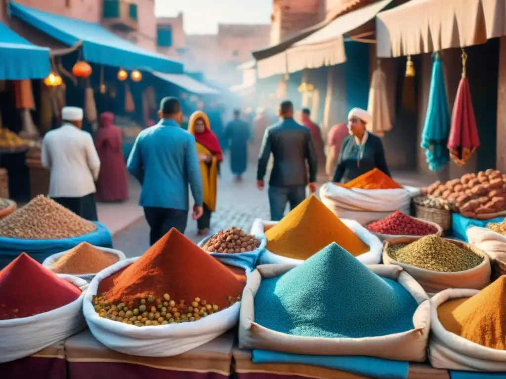 Mercado callejero animado en Marrakech, Marruecos, con puestos de especias y artesanías