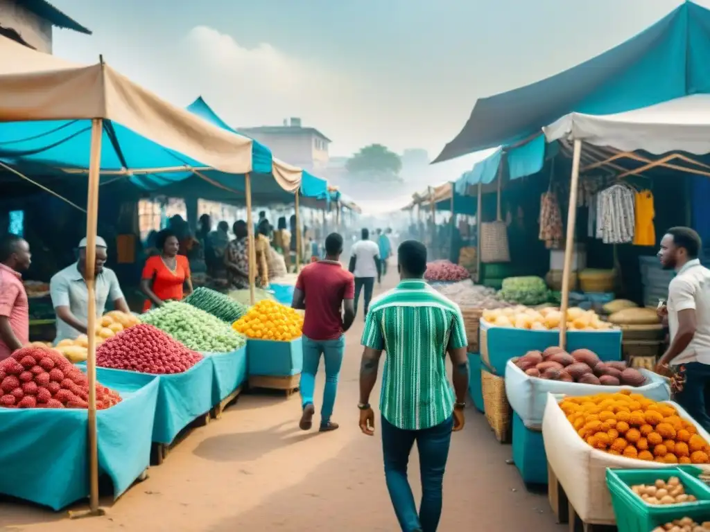 Mercado callejero en Lagos, Nigeria, con vibrante arte africano contemporáneo redefiniendo identidades