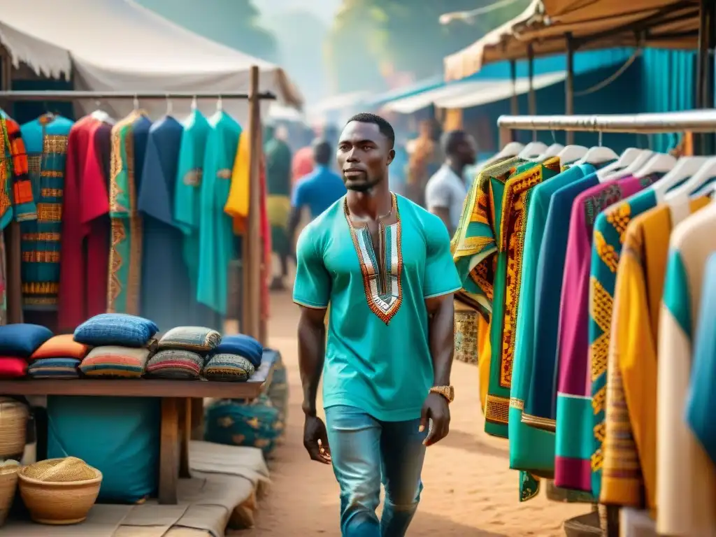 Un mercado callejero vibrante en Ghana al atardecer, con una variedad colorida de dashikis en exhibición