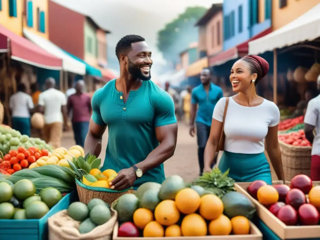 Un mercado callejero vibrante y bullicioso en una comunidad africana en el extranjero, mostrando frutas, verduras y artesanías coloridas