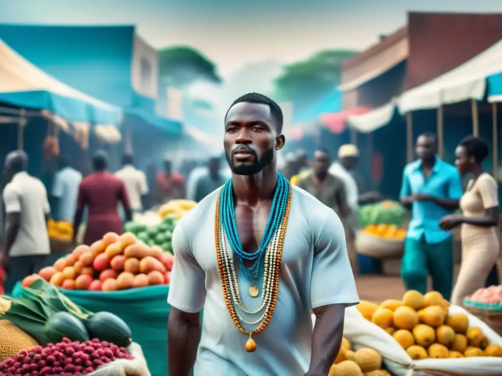 Un mercado callejero vibrante y bullicioso en una ciudad africana, con coloridos puestos vendiendo frutas, verduras y artesanías tradicionales