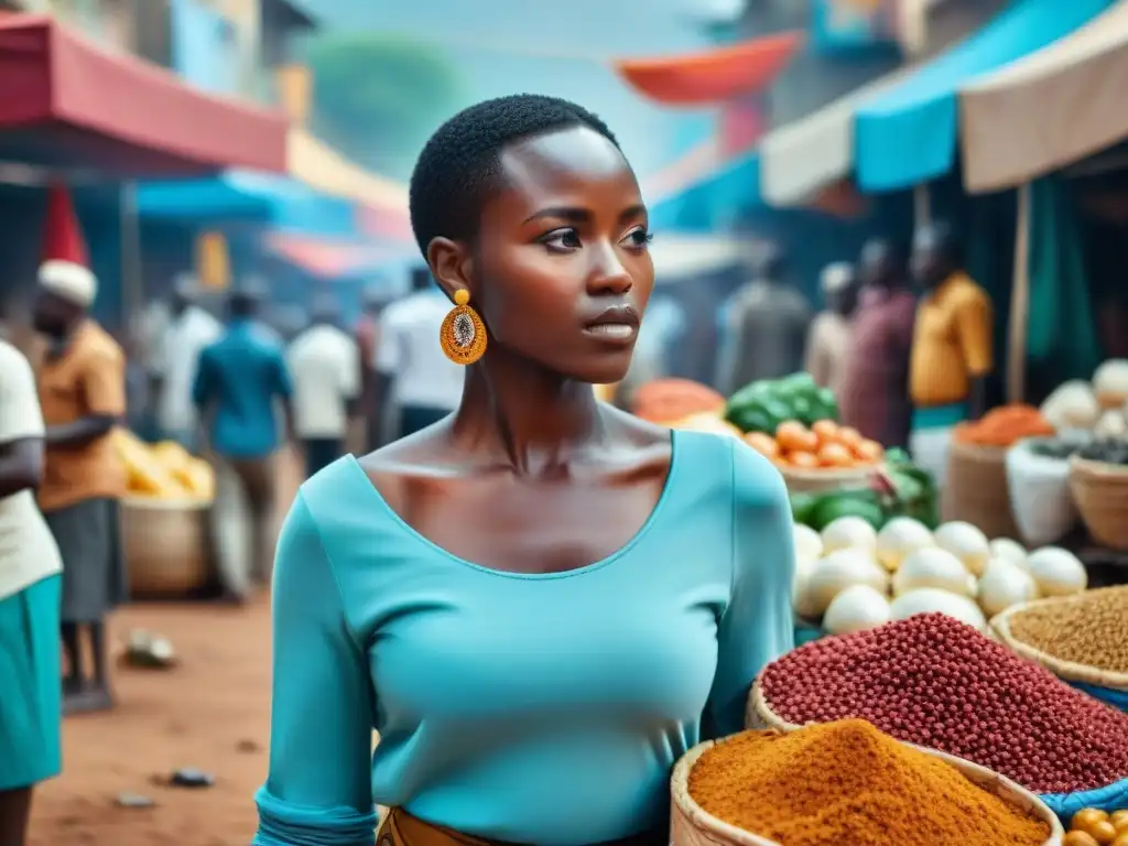 Un mercado callejero vibrante en una ciudad africana con artistas locales mostrando sus NFTs en pantallas digitales junto a artesanías tradicionales