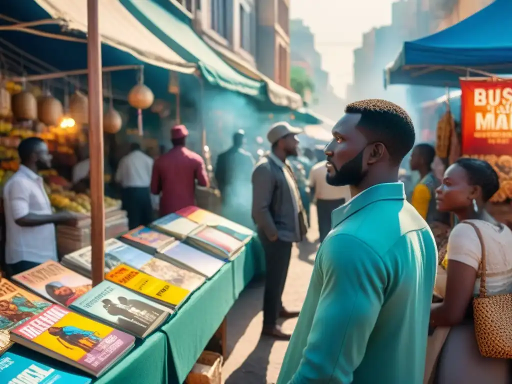 Un mercado callejero vibrante en una ciudad africana con puestos de cómics locales y personas disfrutando del arte; cómic africano influencia global