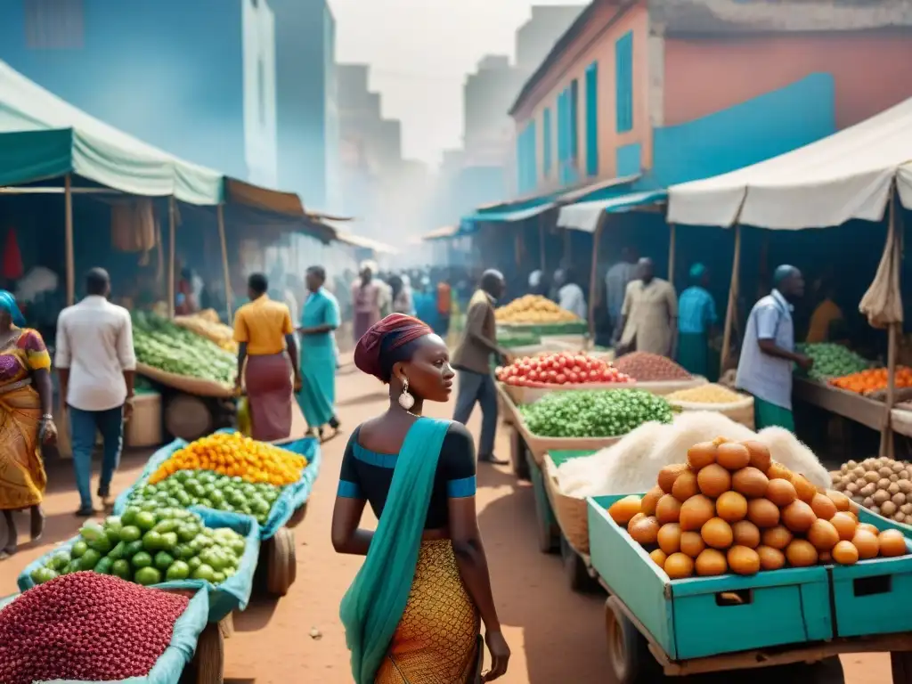 Un mercado callejero vibrante en una ciudad africana, con diversidad de personas comerciando y socializando