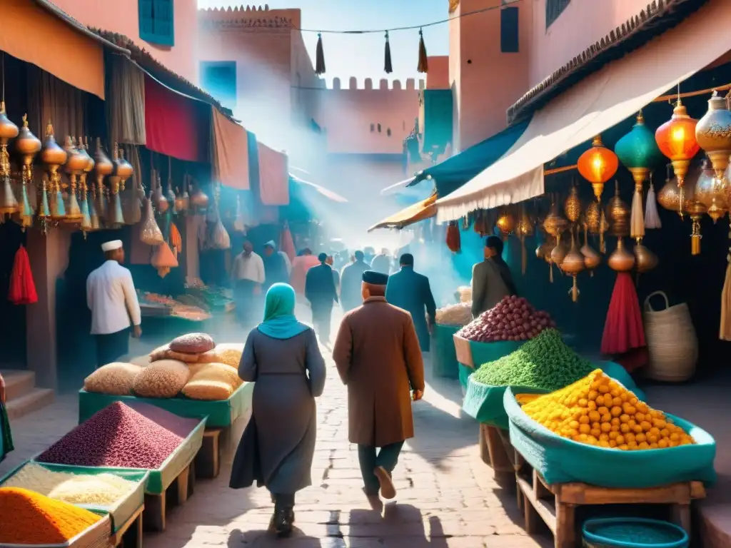 Mercado callejero vibrante en Marrakech, Marruecos, con influencia de civilizaciones africanas en arte global