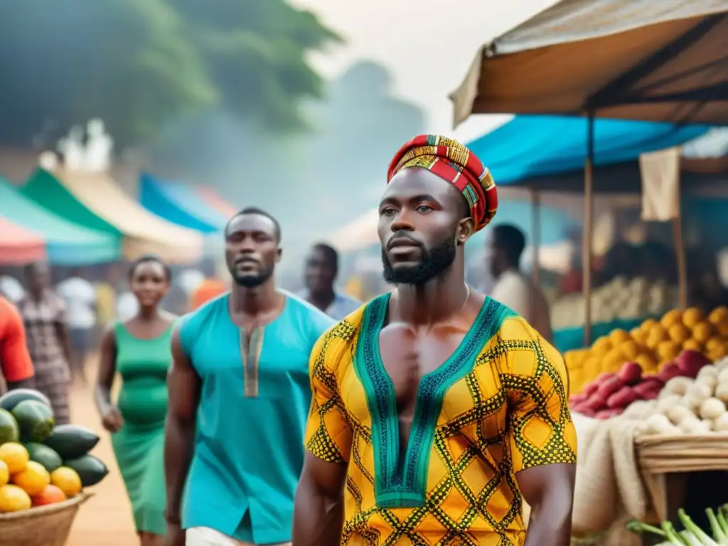 Un mercado callejero vibrante en Accra, Ghana, lleno de coloridas tiendas y productos locales