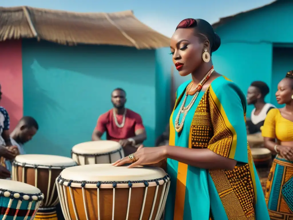 Un mercado callejero vibrante en Lagos, Nigeria, con artesanos locales vendiendo tambores, pinturas y instrumentos musicales tradicionales