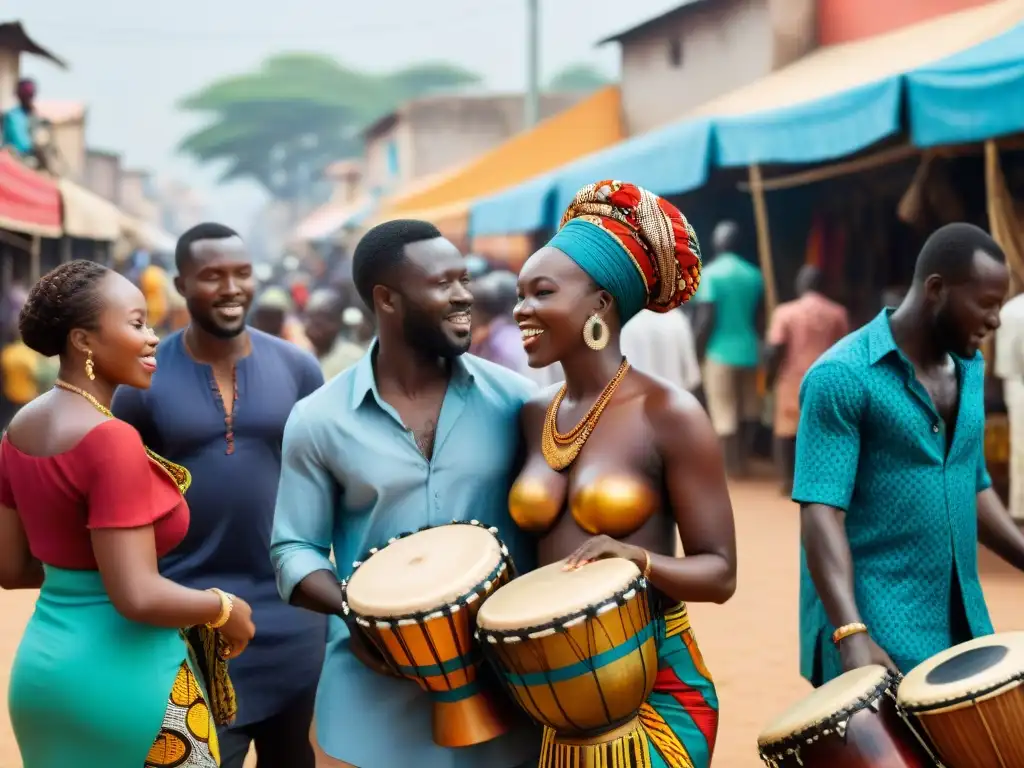 Un mercado callejero vibrante en Lagos, Nigeria, lleno de músicos tocando instrumentos africanos tradicionales como tambores djembe y arpas kora