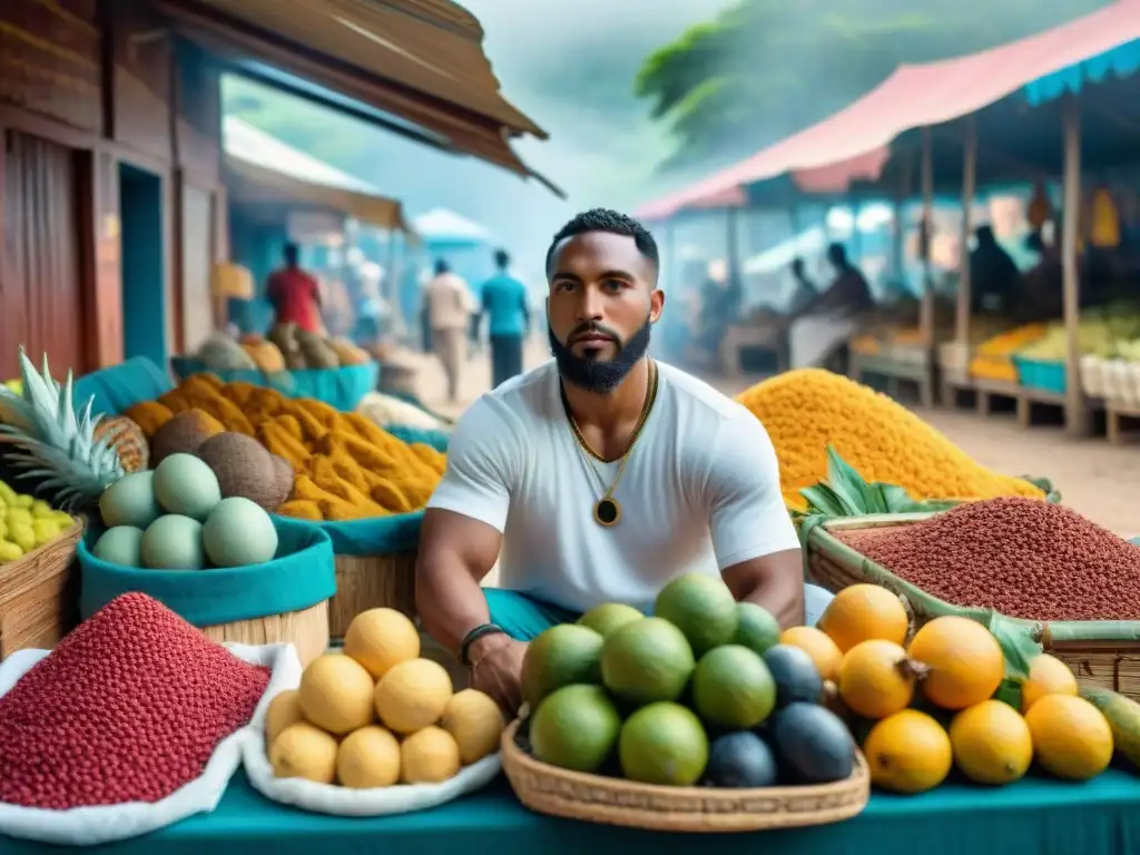 Un mercado caribeño vibrante y colorido muestra sincretismo religioso Caribe influencia africana en actividades comerciales y símbolos tradicionales