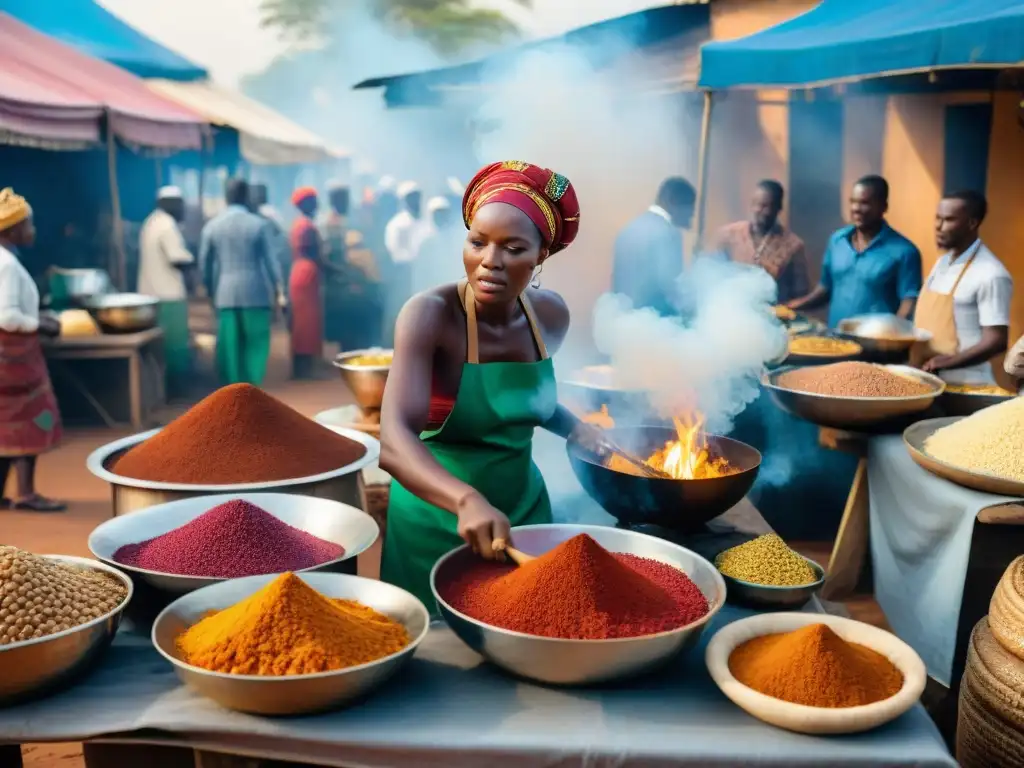 Un mercado de comida africana bullicioso con cocina tradicional africana influencia global: colores vibrantes, platos elaborados y aromas exóticos