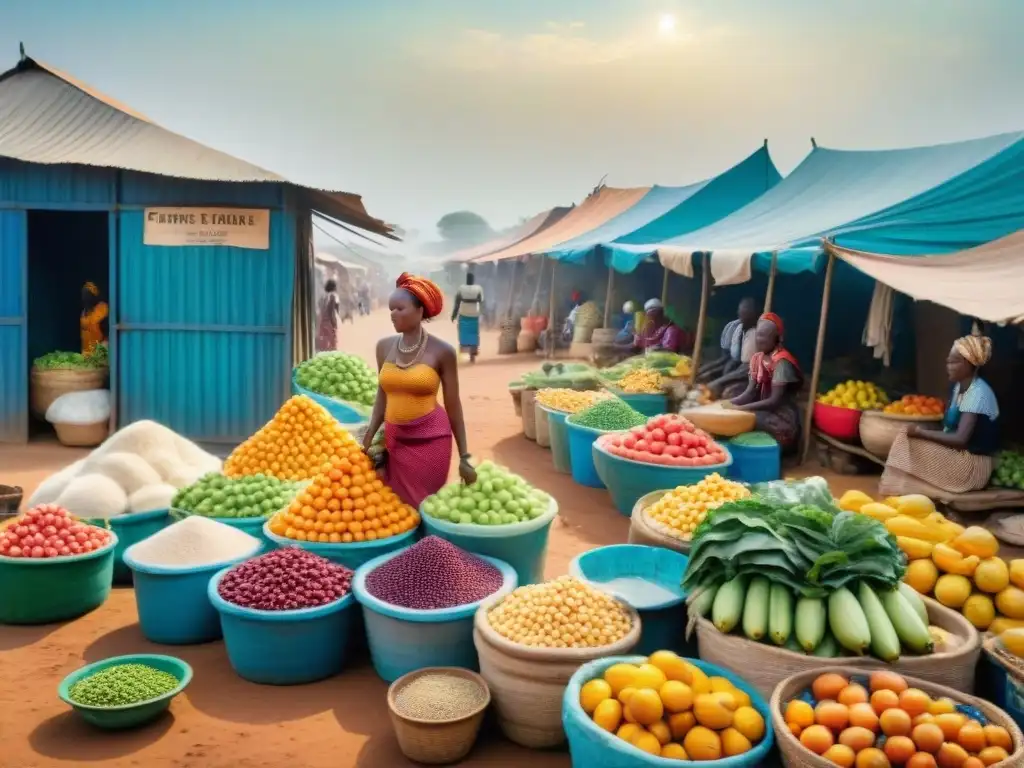 Mercado emergente africano: mujeres venden frutas, hombres negocian; polvo levanta bajo el sol ardiente