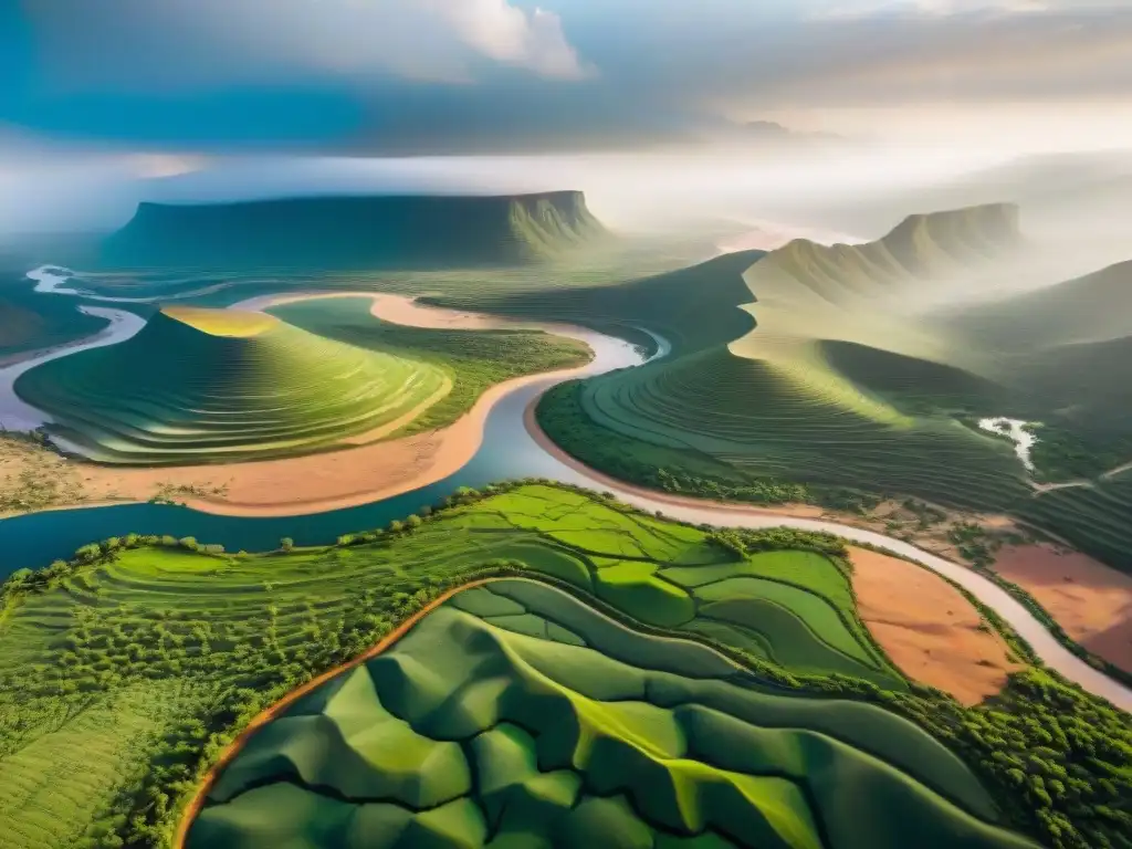 Invertir en el mercado emergente del agua en África: Vista aérea de paisaje africano árido con río serpenteante y vegetación exuberante