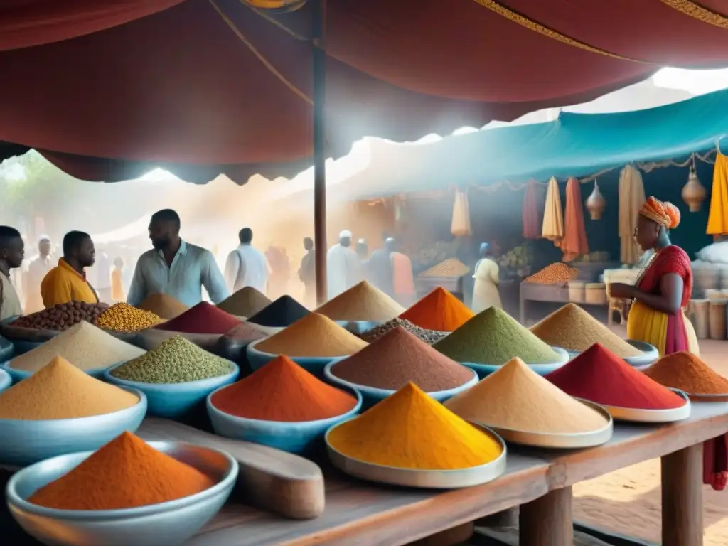 Un mercado de especias africano ancestral, colores vibrantes y diversidad de especias en mesas de madera bajo telas coloridas