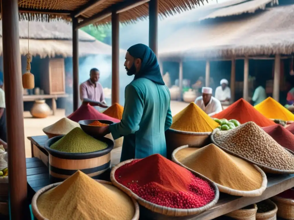 Un mercado de especias bullicioso en Zanzíbar, con colores vibrantes y especias diversas bajo un dosel de madera rústico