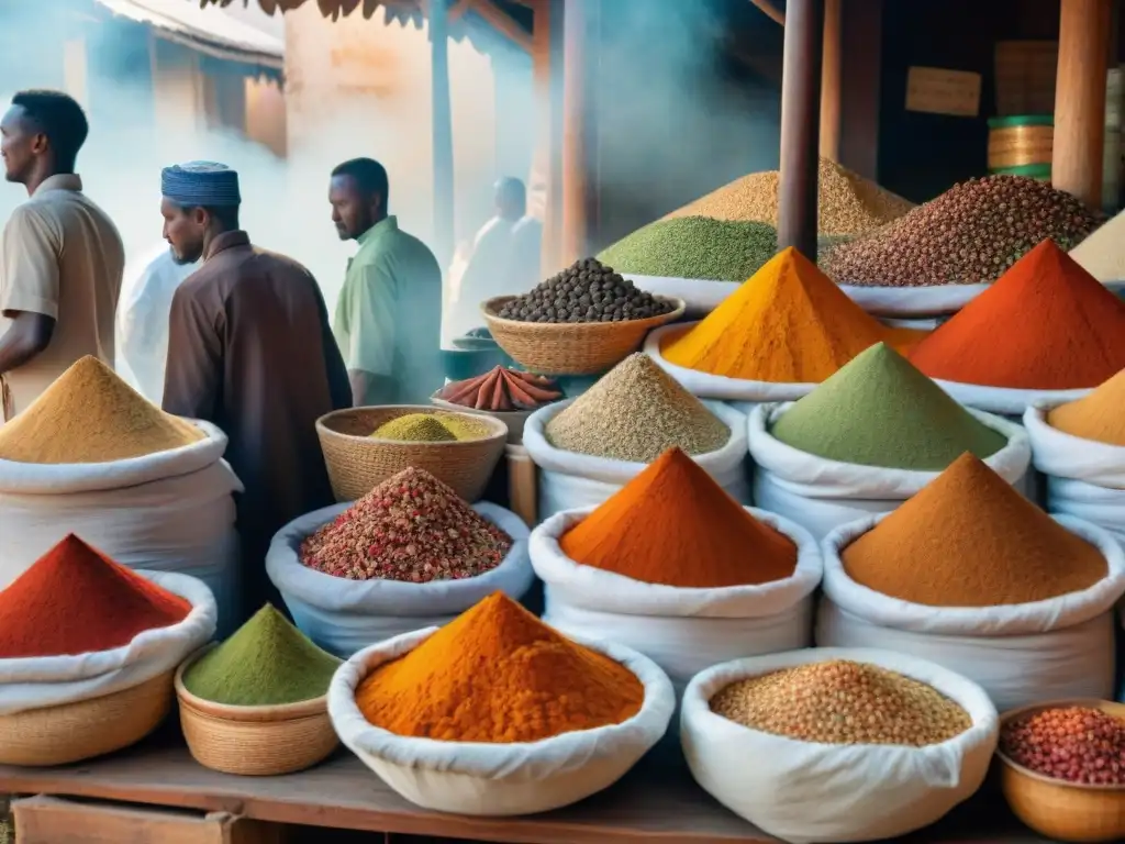 Un mercado de especias bullicioso en Zanzíbar, Tanzania, con colores vibrantes y comerciantes interactuando con clientes