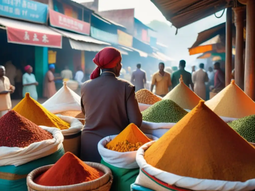 Un mercado de especias bullicioso en una vibrante ciudad africana, con una variedad de especias en sacos y cestas coloridas