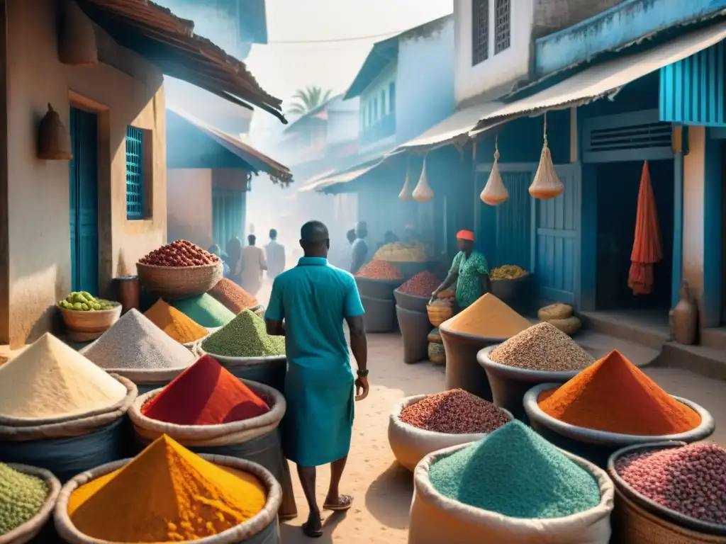 Un mercado de especias en Zanzíbar, África, con colores vibrantes y gente negociando