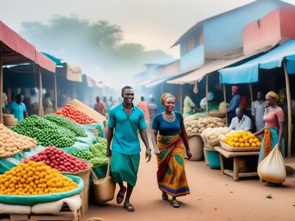 Un mercado local bullicioso en África, colores vibrantes, gente diversa intercambiando bienes y artesanías tradicionales