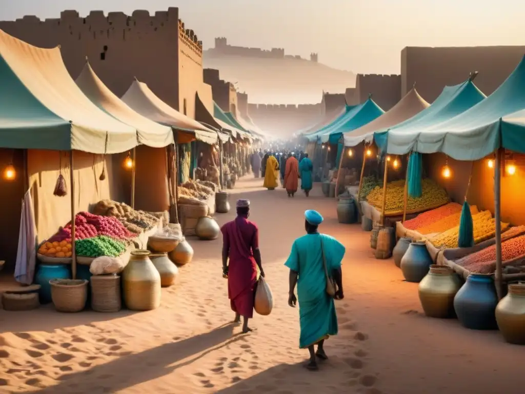 Vivid mercado en Timbuktu, Mali, en la ruta del Comercio Transahariano