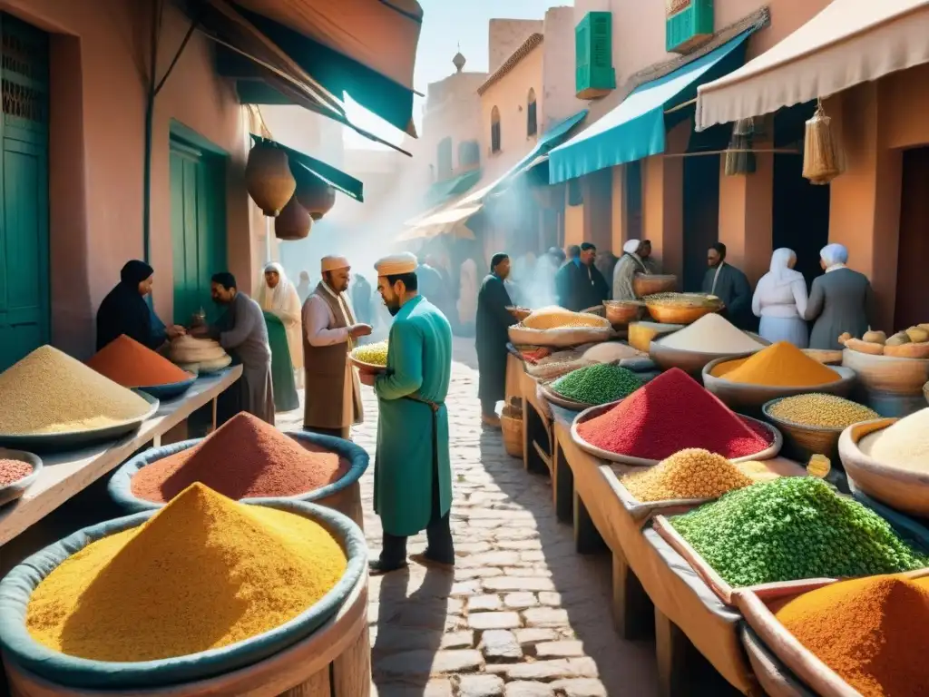 Mercado marroquí vibrante con especias coloridas, verduras frescas y cuscús en puestos de madera