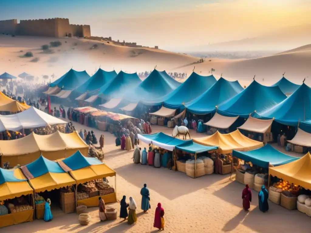 Mercado medieval en África: comercio europeo y africano se entrelazan bajo el cielo azul