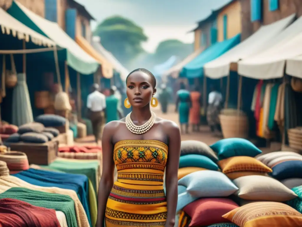 Un mercado de moda africana de lujo bullicioso, donde artesanos crean prendas únicas y clientes admiran diseños coloridos