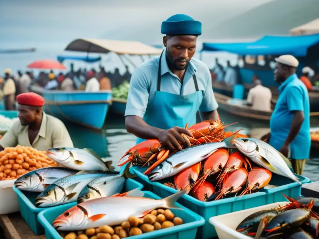 Un mercado de pescado bullicioso en una ciudad costera africana