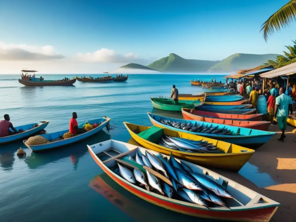 Un mercado pesquero africano bullicioso con pescadores descargando sus barcos de madera llenos de pescado fresco y rico en Omega3