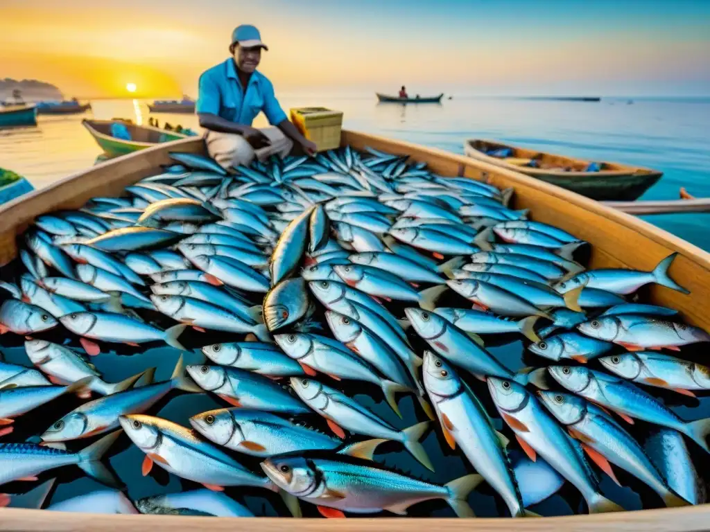 Un mercado pesquero africano bullicioso al amanecer, pescadores descargan barcos llenos de sardinas, caballas y atunes