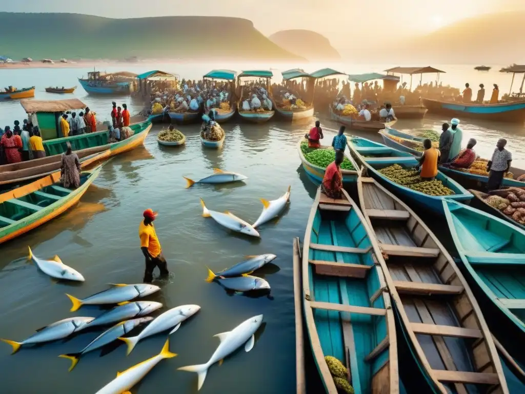 Un mercado pesquero africano vibrante al atardecer, resaltando el desarrollo sostenible de los recursos marinos en África