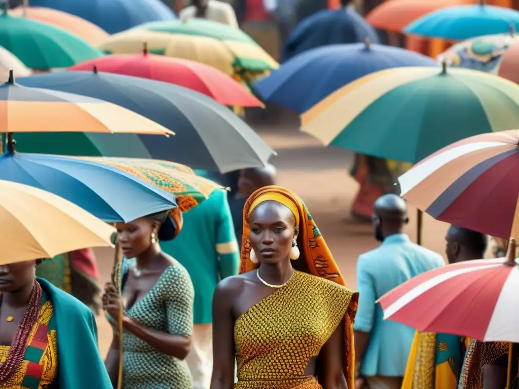 Un mercado textil africano lleno de colores vibrantes y diseños intrincados, reflejando la influencia de figuras africanas en moda