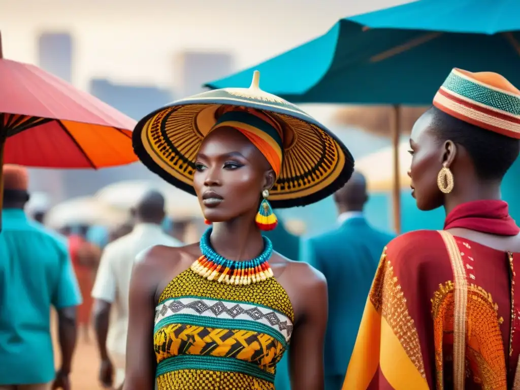 Un mercado textil africano lleno de vida donde se mezclan colores, texturas y culturas