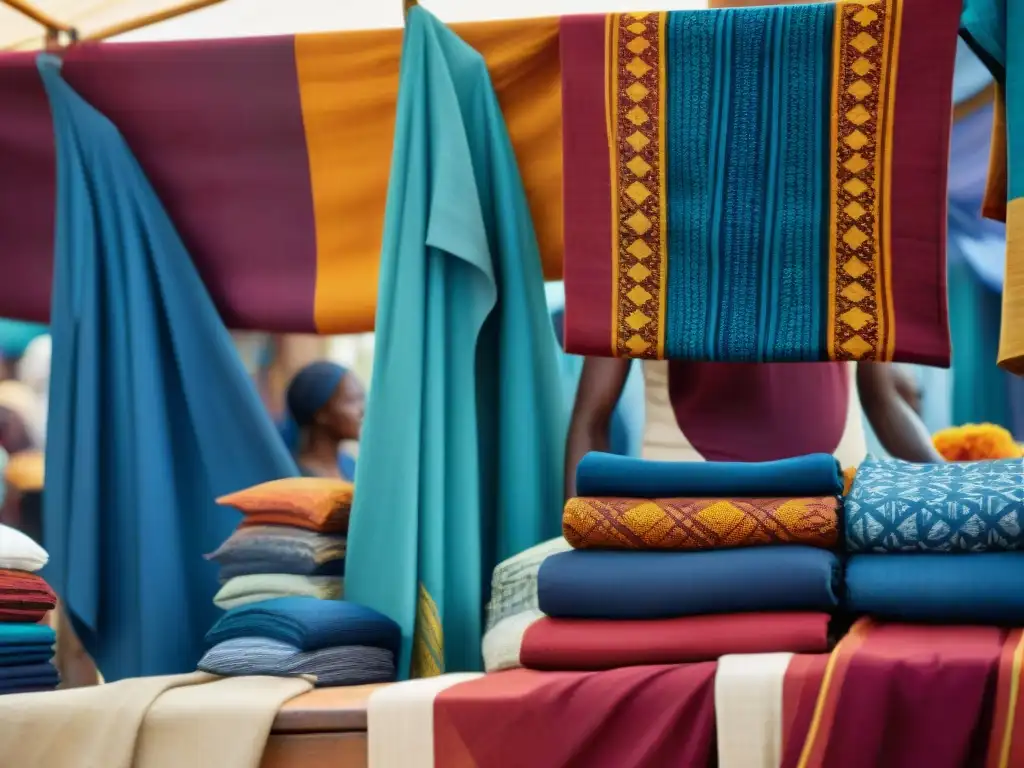 Un mercado textil africano rebosante de pigmentos y tintes africanos en vibrantes telas y patrones, reflejando la riqueza cultural y artística