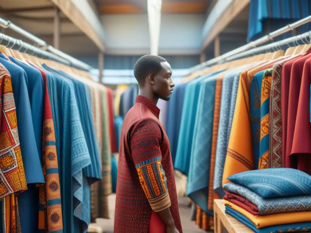 Mercado africano de telas vibrantes: colores y cultura Un mercado textil africano vibrante con paletas de colores simbólicos en moda tradicional