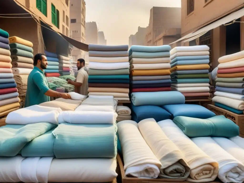 Un mercado textil egipcio rebosante de vida y calidad, con algodón egipcio en vibrantes tonos bajo la luz dorada del sol