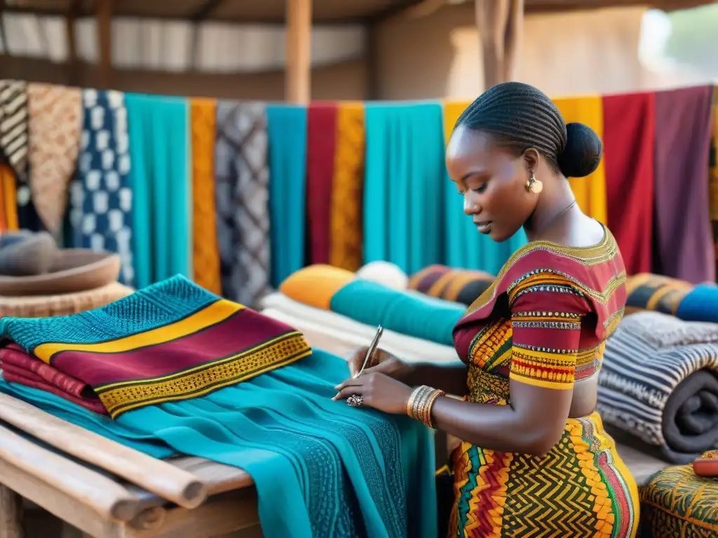 Un mercado de textiles africanos lleno de colores y patrones vibrantes