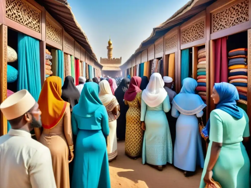 Un mercado tradicional Hausa rebosante de colores y patrones, con mujeres en hijabs y túnicas vibrantes