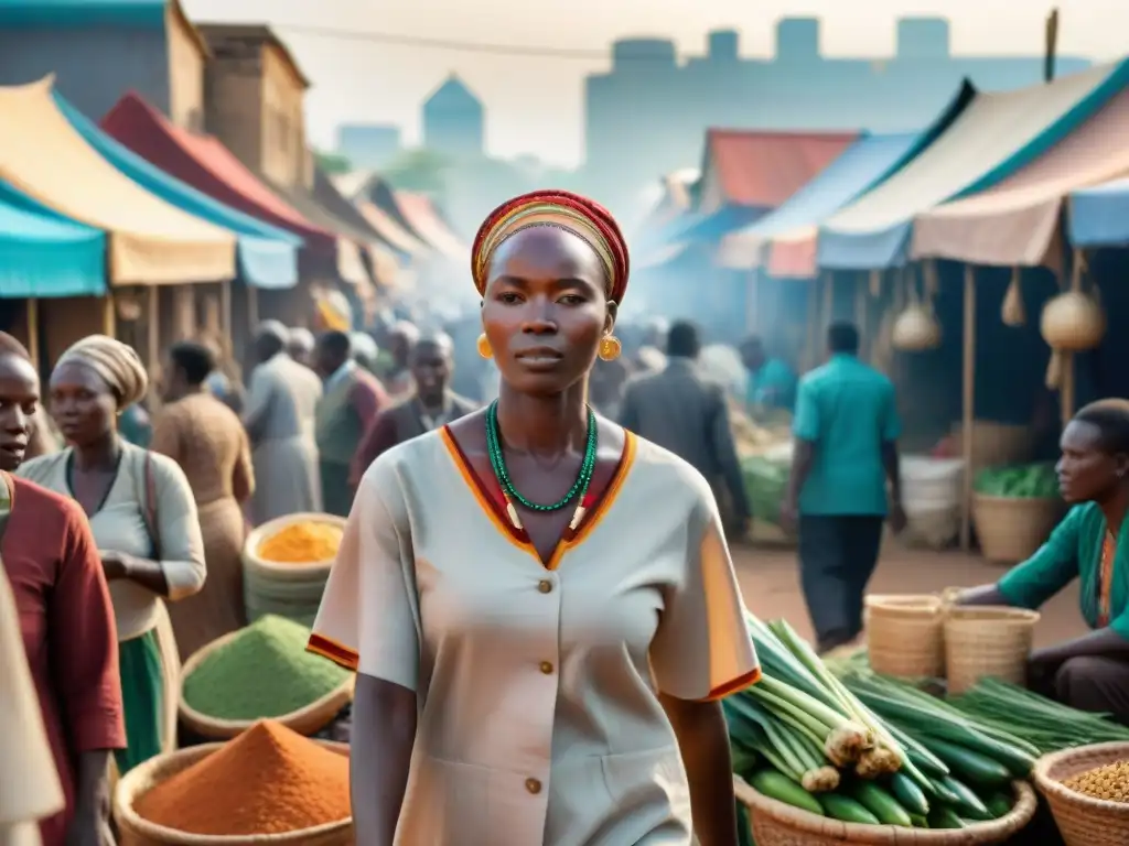 Un mercado urbano en África con vibrante actividad y prácticas de salud tradicionales