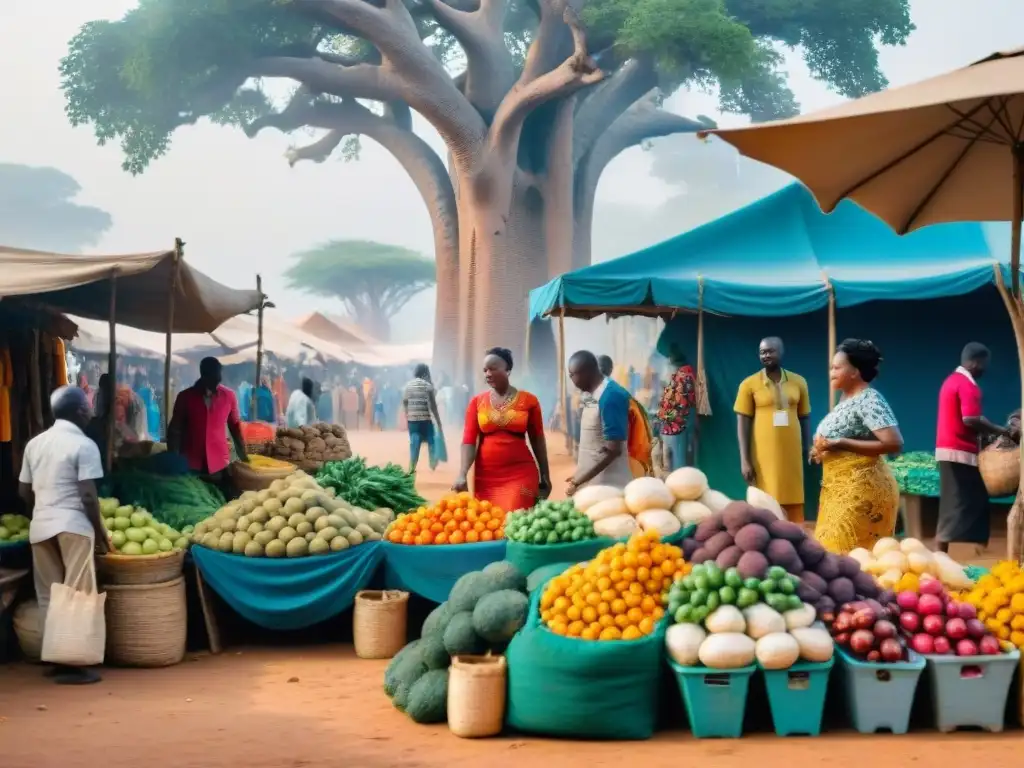 Un mercado vibrante y bullicioso en una ciudad africana, con locales comerciando, telas coloridas, productos frescos y artesanías bajo un baobab