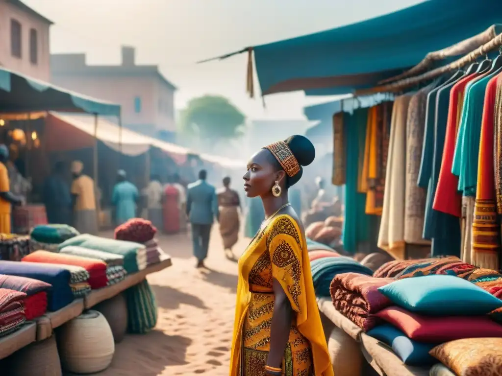 Un mercado vibrante y bullicioso en una ciudad africana, con una diversa multitud explorando telas coloridas y prendas tradicionales