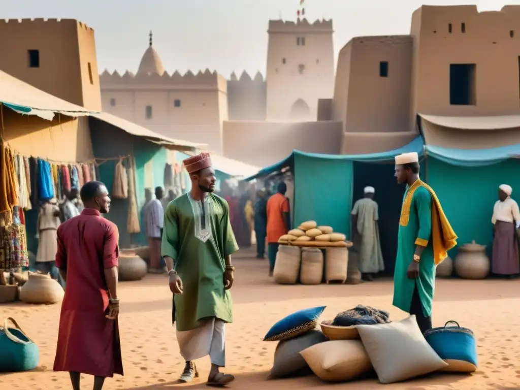 Un mercado vibrante y bullicioso en Timbuktu, Mali, con comercio entre civilizaciones africanas, reflejando influencia global