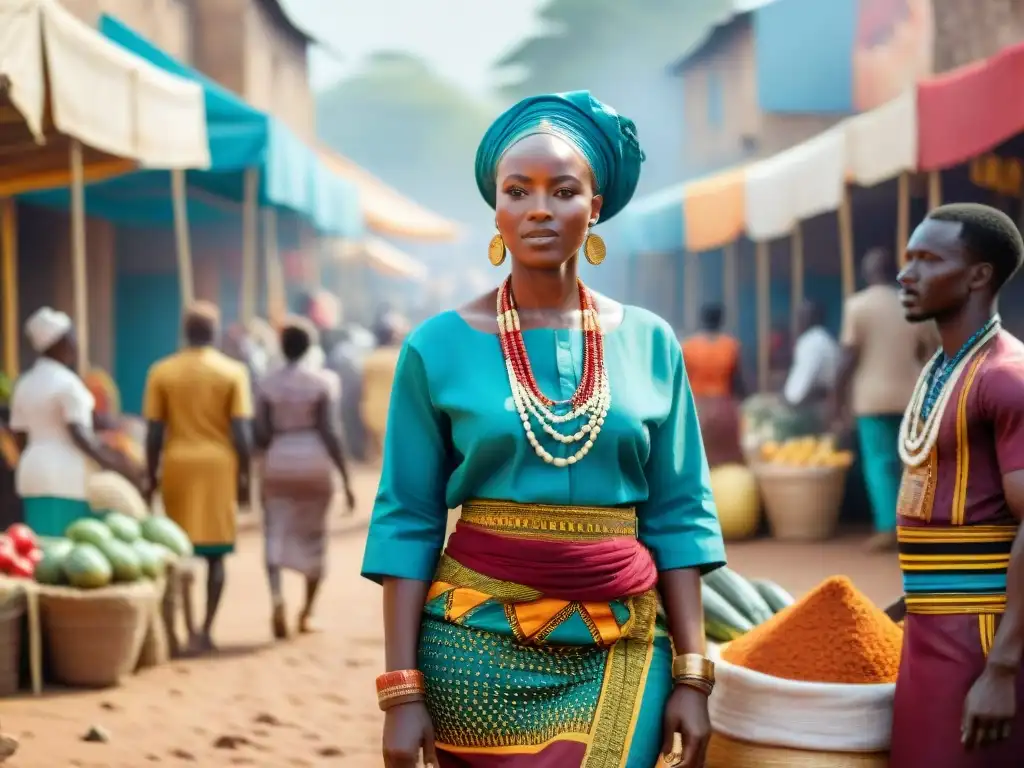 Un mercado vibrante en una ciudad africana, con puestos coloridos rebosantes de artesanías y productos frescos