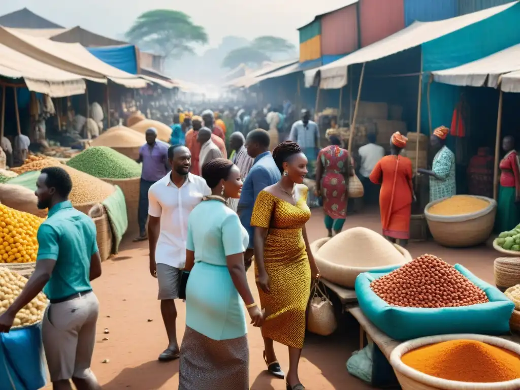 Un mercado vibrante en una ciudad africana, fusionando artesanía tradicional con influencias globales