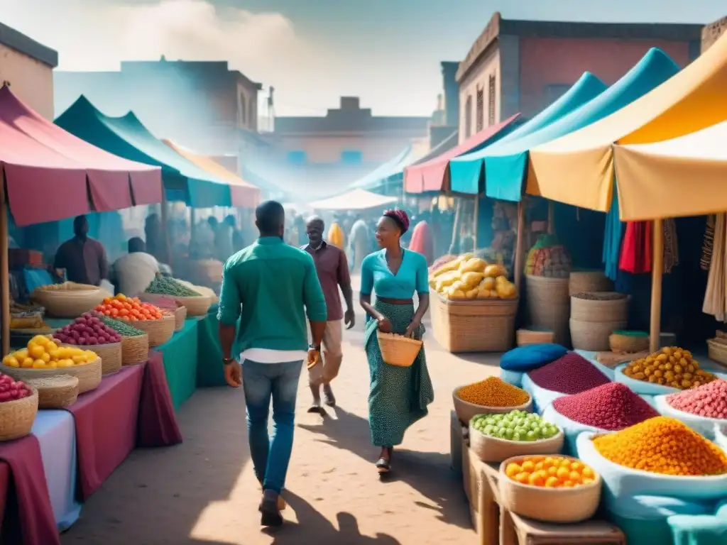 Mercado vibrante en una ciudad africana, con comerciantes de distintos gremios bajo toldos coloridos y textiles vibrantes