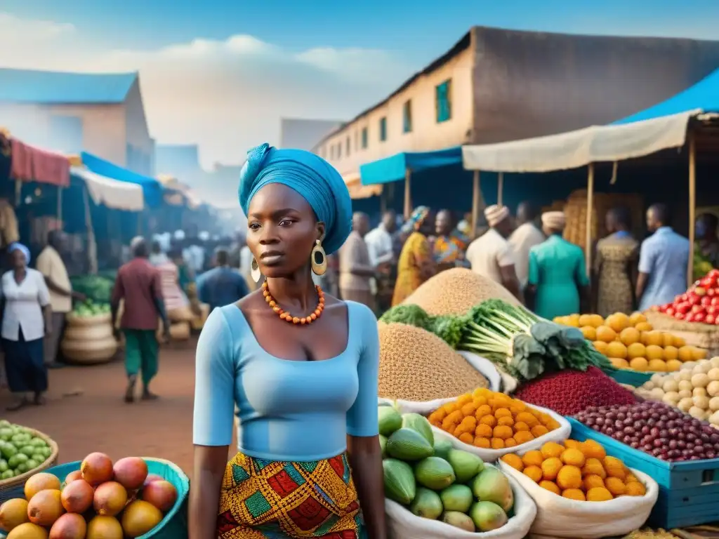 Mercado vibrante en una ciudad africana, con frutas, verduras y artesanías coloridas